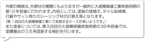 外壁の補修は、外壁材の種類にもよりますが一般的に大規模修繕工事実施時期の築12年前後に行われます。内容としては、塗装の塗替え、タイル貼補修、
打継やサッシ周りのシーリング材の打替え等となります。（第1回目の大規模修繕工事にて実施するケースが多いようです）また塗装については、第３回目の大規模修繕実施時期の36年前後では、塗膜撤去のうえ再塗装する検討を行います。