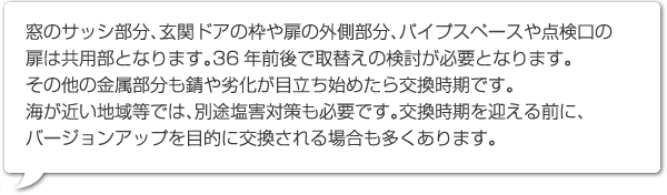 窓のサッシ部分、玄関ドアの枠や扉の外側部分、パイプスペースや点検口の扉は共用部となります。36年前後で取替えの検討が必要となります。その他の金属部分も錆や劣化が目立ち始めたら交換時期です。
海が近い地域等では、別途塩害対策も必要です。交換時期を迎える前に、バージョンアップを目的に交換される場合も多くあります。