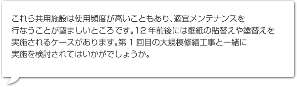 これら共用施設は使用頻度が高いこともあり、適宜メンテナンスを行なうことが望ましいところです。12年前後には壁紙の貼替えや塗替えを実施されるケースがあります。第1回目の大規模修繕工事と一緒に実施を検討されてはいかがでしょうか。