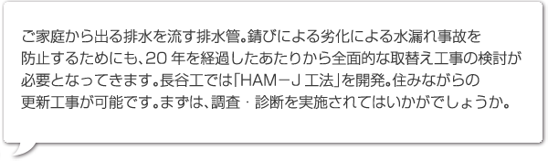 ご家庭から出る排水を流す排水管。錆びによる劣化による水漏れ事故を防止するためにも、20年を経過したあたりから全面的な取替え工事の検討が必要となってきます。長谷工では「HAM－J工法」を開発。住みながらの更新工事が可能です。まずは、調査・診断を実施されてはいかがでしょうか。