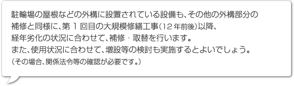 駐輪場の屋根などの外構に設置されている設備も、その他の外構部分の補修と同様に、第1回目の大規模修繕工事（12年前後）以降、経年劣化の状況に合わせて、補修・取替を行います。また、使用状況に合わせて、増設等の検討も実施するとよいでしょう。（その場合、関係法令等の確認が必要です。）