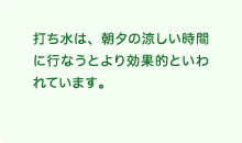 打ち水は、朝夕の涼しい時間に行なうとより効果的といわれています。