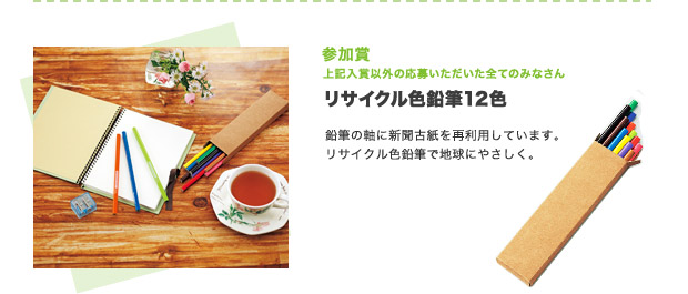 参加賞 上記入賞以外の応募いただいた全てのみなさん
リサイクル色鉛筆12色
鉛筆の軸に新聞古紙を再利用しています。
リサイクル色鉛筆で地球にやさしく。