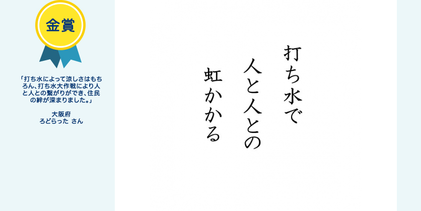 金賞 「打ち水によって涼しさはもちろん、打ち水大作戦により人と人との繋がりができ、住民の絆が深まりました。」大阪府 ろどらった さん